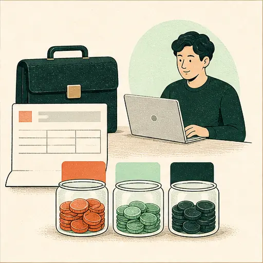 직장 가방과 급여명세서 옆에서 프리랜서가 소득을 구분하는 모습
